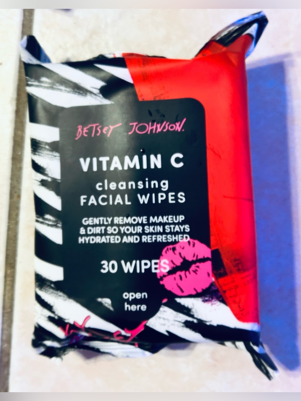New-Betsey Johnson facial wipes designed to remove makeup and dirt.